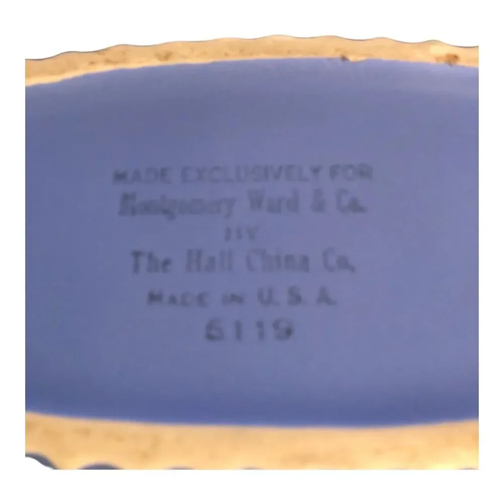 Vintage Hall Pottery Montgomery Ward Blue Gold Trim Rectangular Dish 8” USA